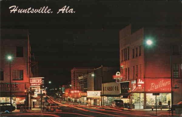 Улица Вашингтон през нощта, Хънтсвил, Алабама, Оригиналната Реколта Картичка