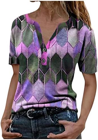 uikmnh Женска Риза Хенли, Тениска от Аргайла, Мода Лято Ежедневни Риза Хенли с копчета на врата и Къс ръкав