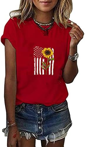 Тениска с Американския Флаг и Подсолнухом за Жени, на 4 юли, Деня на Независимостта, Риза с Кръгло Деколте и