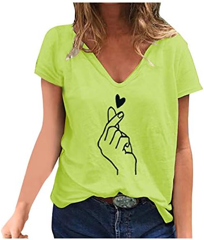 Bmisegm Дамски Блузи с Сърца, Тениска С Къс ръкав, Лятна Риза Свободно Намаляване на Риза