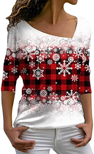 Дамски Есенна Мода Ежедневни Снежна Решетка в Червената Клетка с Коледните Принтом, Отгоре с дълъг ръкав, Тениска