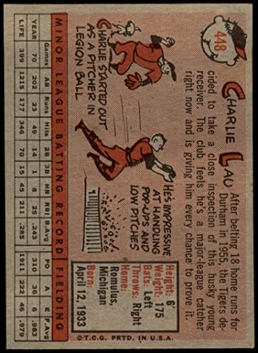 1958 Topps 448 Чарли Лау Детройт Тайгърс (Бейзболна картичка) VG/EX+ Тайгърс