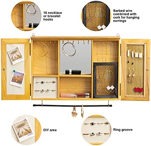 Стенен кутия за съхранение на бижута PARANTA, Дървена Витрина за бижута с опция за плетене на една кука, се