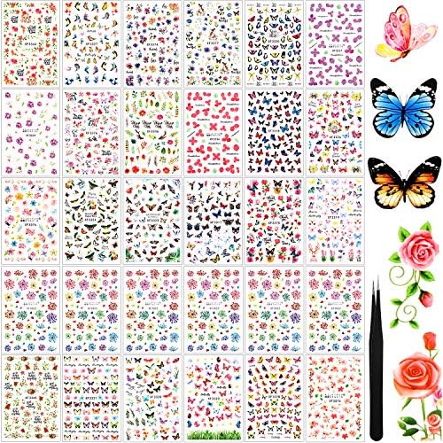 Над 2500 броя, 30 Листа Стикери за дизайн на ноктите с пеперуди, Самозалепващи Стикери за нокти с Листа, Цветни