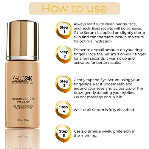Серум за очи GLO24K с 24-каратово злато, хиалуронова киселина и витамини A, C, E. Мощна формула за нежната кожа