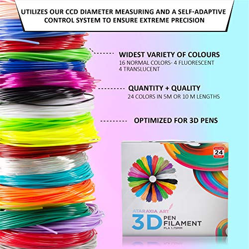 Конци за 3D-химикалки ATARAXIA ART PLA с пълнител 1,75 мм, 24 цвята (всеки 5 метра (16,5 метра) - общо 394 ft)