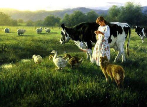 Натурална, Ръчно Рисувани-Млада Пастирка Момиче с Овечьими Патици, Крава, Куче Платно Картина с маслени