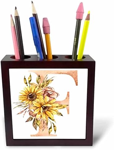 3D Поставка за химикалки Pretty Sunflower Монограм Initial F - Tile (ph-370504-1)