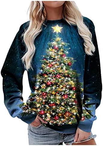 Коледни Пуловери за Жени, Свободни Вечерни Блузи, Неонови Асорти Led Тениски с Коледна Елха, Блузи с Кръгло